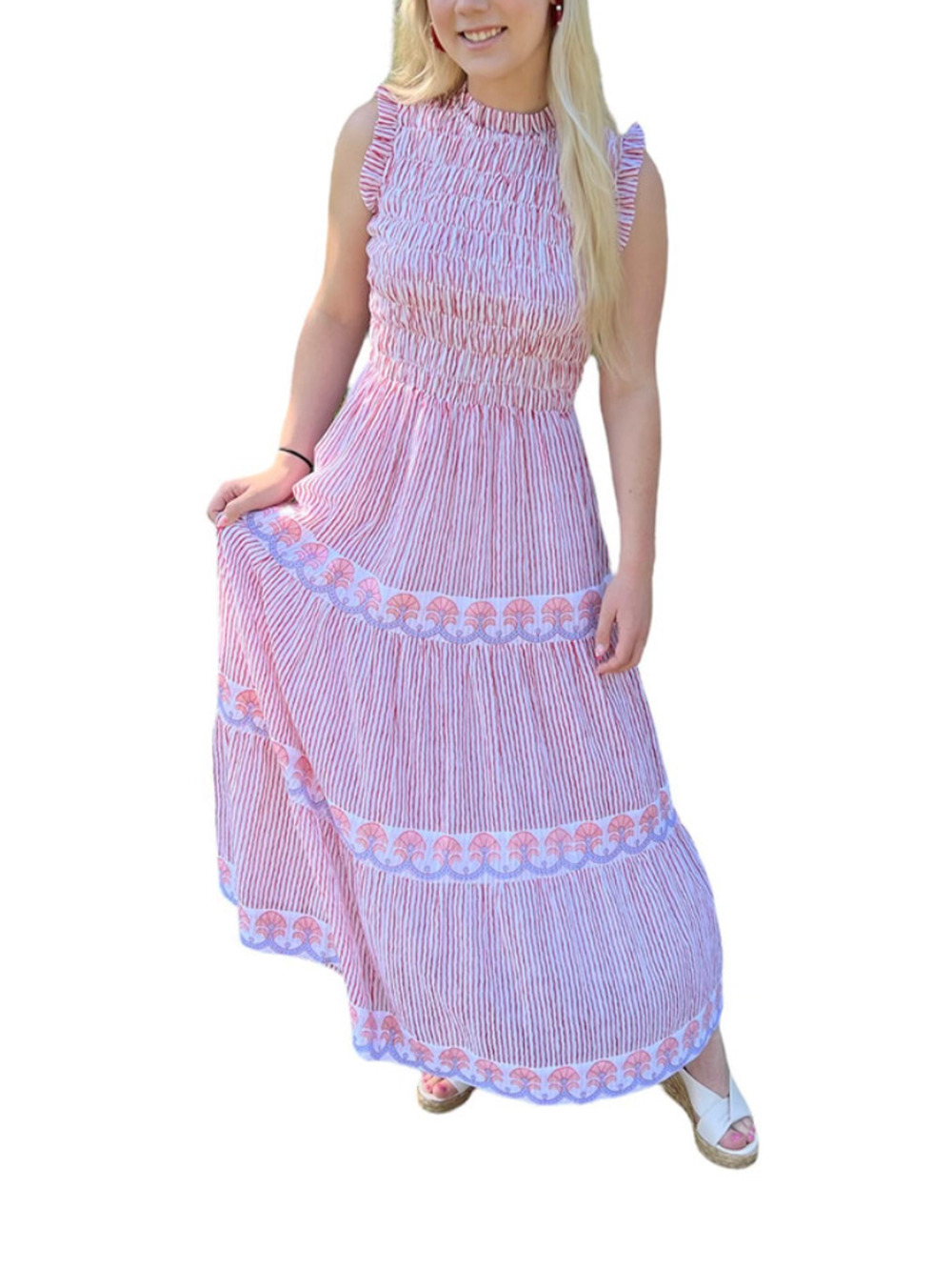 OLIPHANT Tuckernuck Patriotic Red White Stripe Sleeveless Smocked Maxi Dress M
